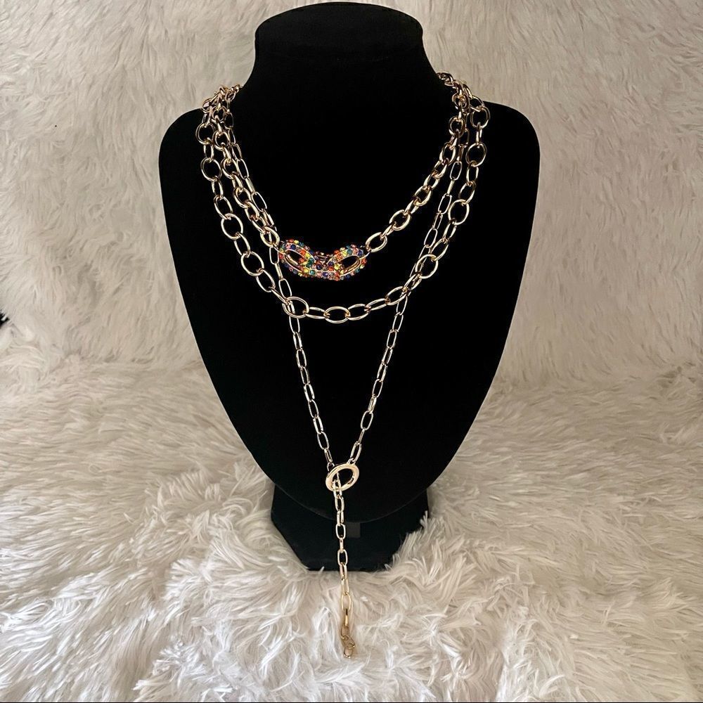 New York & Company Gold Layered Chain Lariat Necklace Rainbow Crystal NWT